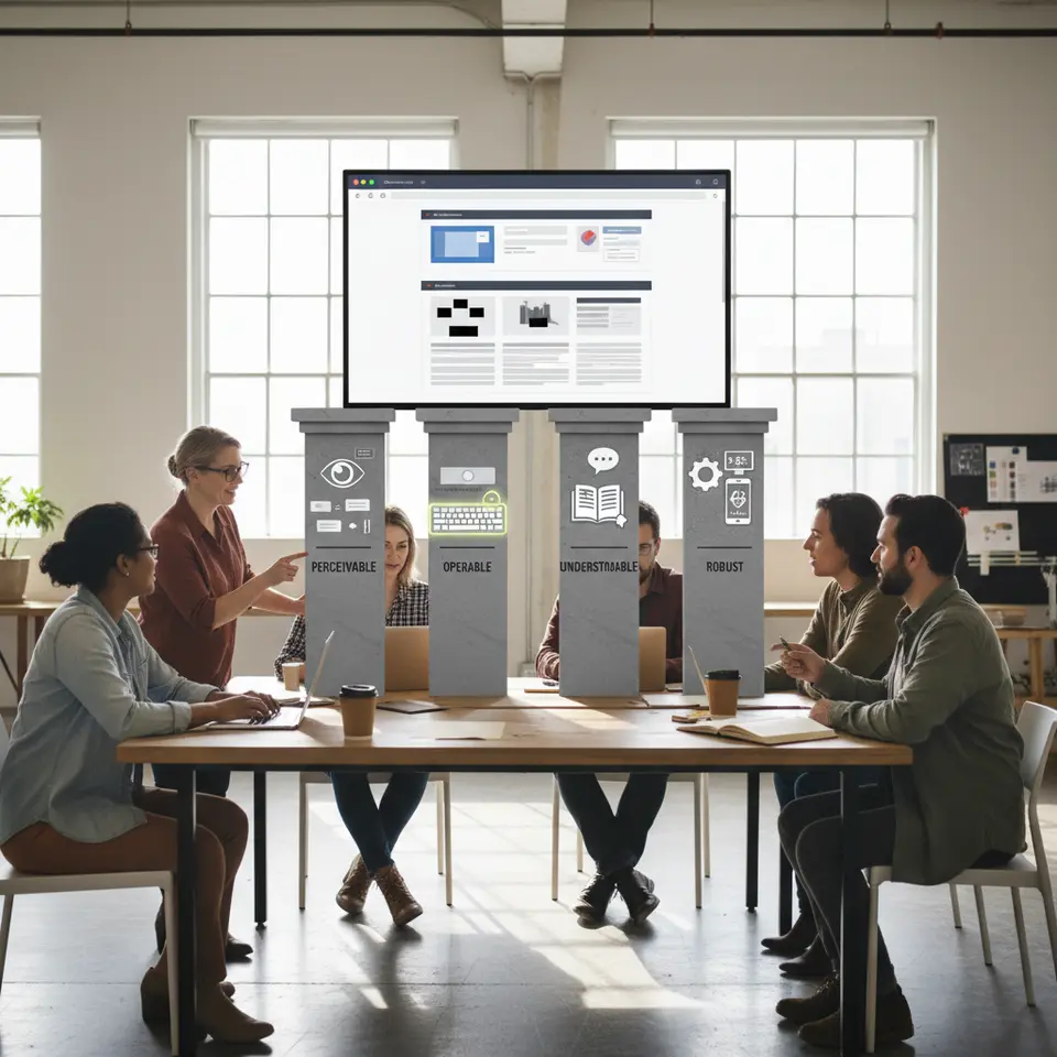 An infographic illustrating the four foundational principles of inclusive design as sturdy pillars: each pillar labeled Perceivable (with an eye icon, alt-text callouts, caption symbols), Operable (keyboard with visible focus rings), Understandable (book or speech-bubble icon with clear headings), and Robust (gear icon alongside a mobile device and screen reader), all arranged to support a digital interface above.
