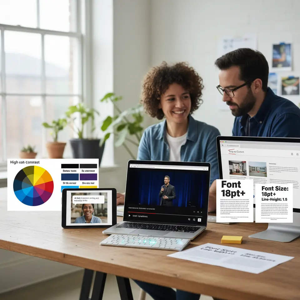 A visual checklist of six actionable tactics for accessible creative assets: a high-contrast color wheel and palette swatches, an image with a descriptive alt-text bubble, a keyboard showing highlighted tab navigation, a video player overlayed with captions and a transcript icon, a simplified webpage layout with a skip-to-content link, and side-by-side typography samples illustrating font size and line-height guidelines.