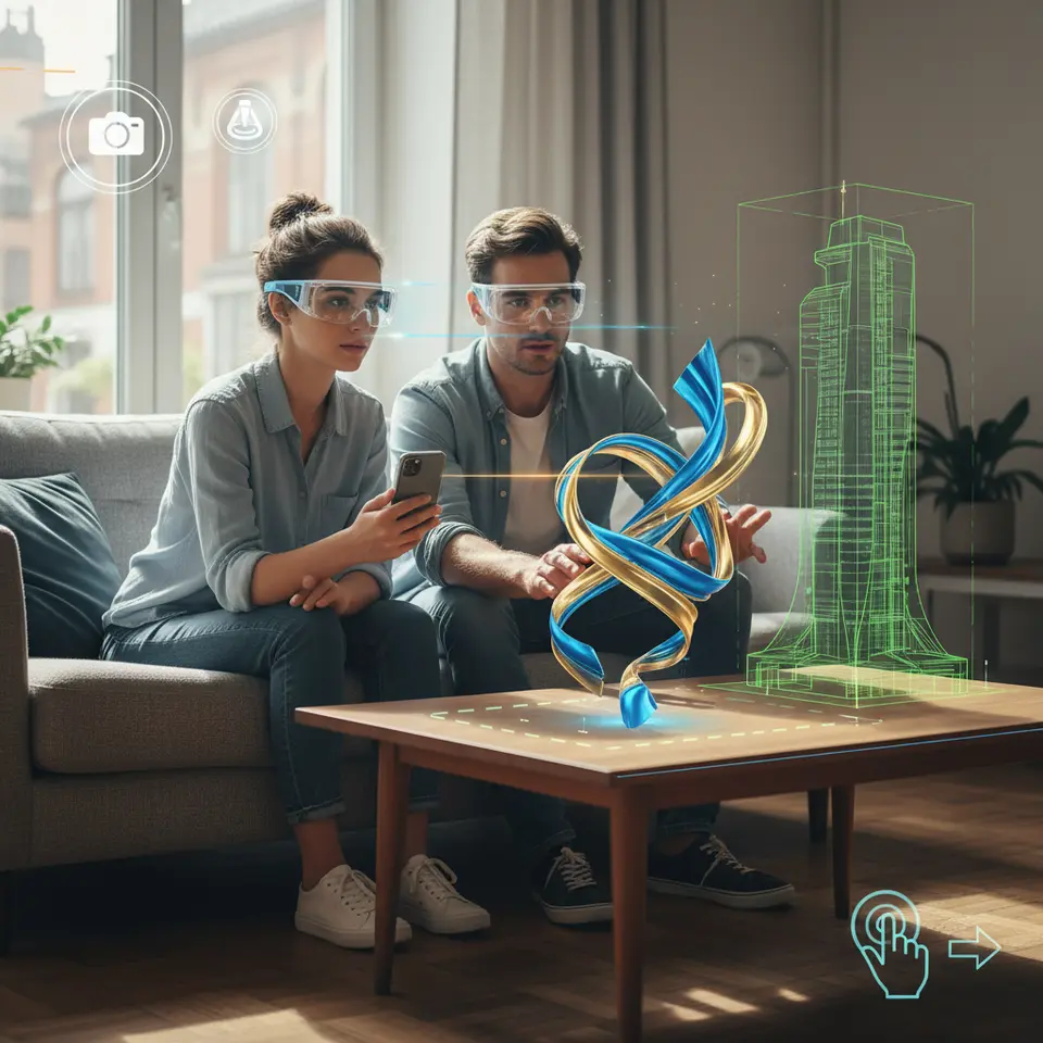 What is Augmented Reality in Creative Design? – A multilayered scene showing a real‐world environment (e.g., a living room or outdoor plaza) with overlaid digital content: 3D models anchored to detected planes, depth-mapping lines, sensor icons (camera, gyroscope), adaptive lighting cues, and UI indicators for touch and gesture controls, alongside representations of both a smartphone and AR glasses.