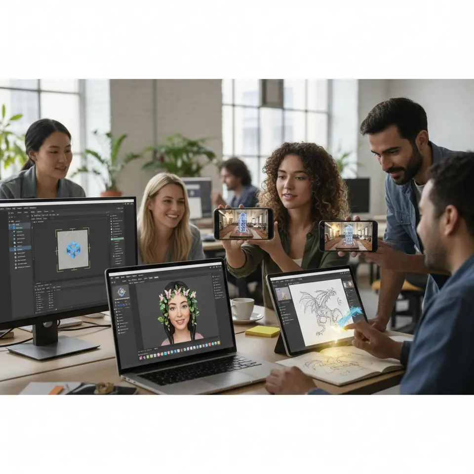 Essential AR Tools and Platforms for Creative Professionals – A stylized toolkit montage: an iPhone screen running ARKit visuals, an Android phone displaying ARCore environmental HDR, a Unity editor window with Vuforia’s image-tracking markers, the Spark AR Studio interface previewing a social-media face filter, and an Adobe Aero canvas showing drag-and-drop 2D artwork transforming into live AR assets on a tablet.