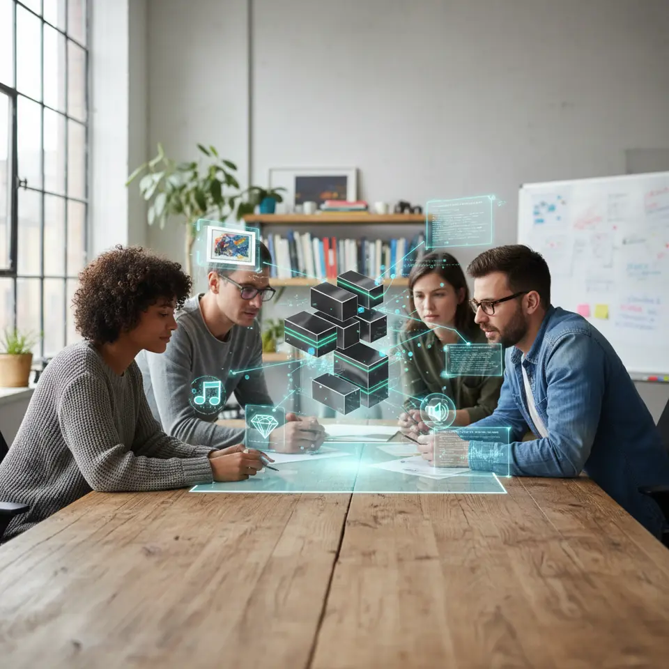 Understanding Blockchain Foundations and Creative Innovation: an abstract network of interconnected nodes and cryptographically linked blocks, with floating icons of art files (images, 3D models, audio) linked to smart contract code snippets, symbolizing NFTs and automated provenance tracking