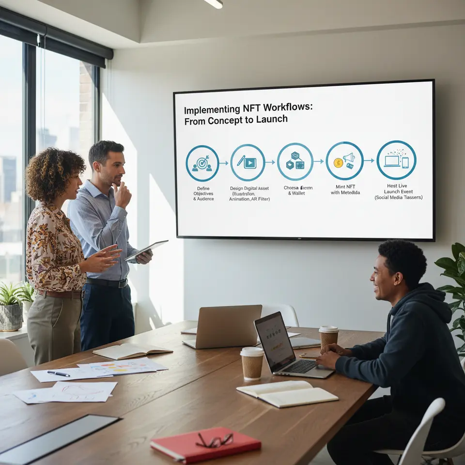 Implementing NFT Workflows: From Concept to Launch: a step-by-step infographic pipeline showing stages—define objectives and audience, design digital asset (illustration, animation, AR filter), choose blockchain and wallet, mint NFT with metadata, preview across devices, and host a live launch event with social media teasers