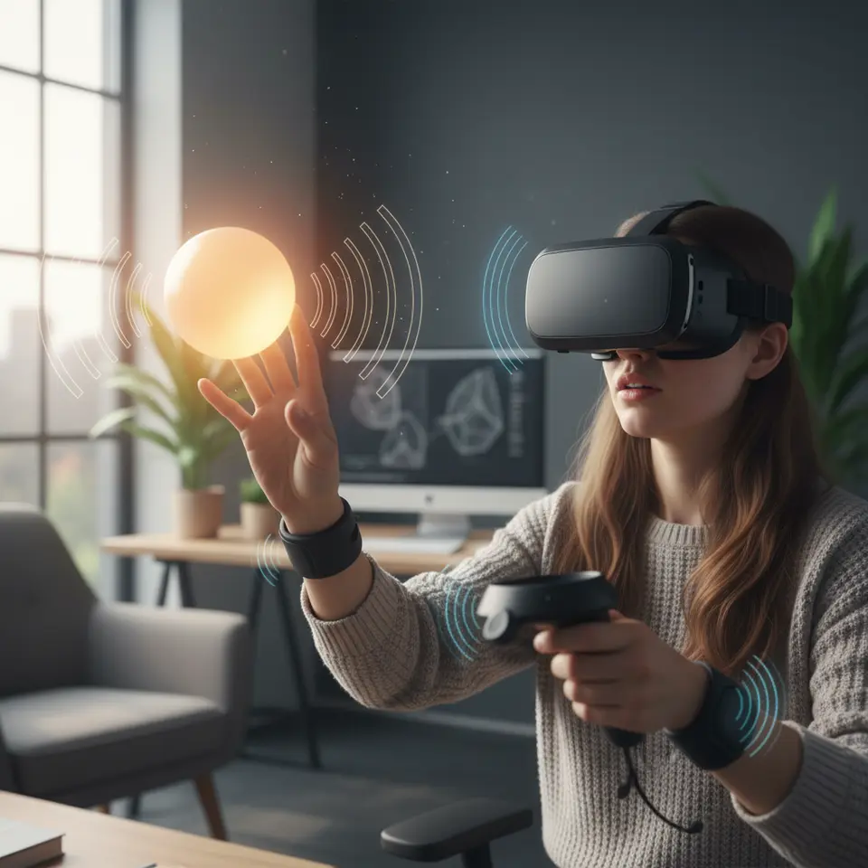 Designing intuitive VR controls: a user wearing a VR headset and motion controllers reaching out to grab a glowing, proximity-highlighted object, with visualized haptic vibration lines on the controller and spatial audio wave indicators guiding the user’s attention